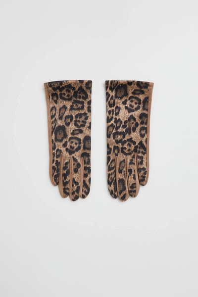 Rękawiczki w panterkę beżowe. Brązowe rękawiczki MOODO, bez wzorów, z poliesteru. W wyprzedaży za 39.99 zł.