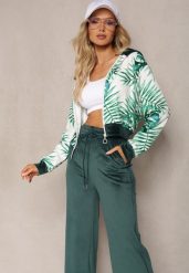Ciemnozielony Komplet Dresowy Welurowy Bluza z Kapturem i Florystycznym Printem oraz Szerokie Luźne Spodnie Raiantise. Zielone bluzy Renee, m, bez wzorów, z dresówki, z kapturem. Za 69.99 zł.