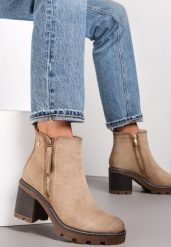 Beżowe Botki na Słupku Boho z Suwakiem Kodra. Brązowe botki Renee, bez wzorów, za kostkę, bez obcasa, na obcasie, bez zapięcia. Za 149.99 zł.