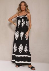 Czarna Rozkloszowana Sukienka na Ramiączkach w Ornamentalny Print Reveleine. Czarne sukienki Renee, na co dzień, l, z aplikacjami, bez kołnierzyka, bez ramiączek, maxi, dopasowane. Za 54.99 zł.