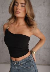 Czarny Top z Wiskozą na Jedno Ramię z Metaliczną Ozdobą Neamedise. Czarne topy Renee, m, z aplikacjami, z jeansu, z asymetrycznym kołnierzem, bez ramiączek. Za 219.99 zł.