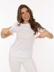 Zwillingsherz Koszulka "Happiness Vibes" w kolorze białym rozmiar: M. Białe bluzki Zwillingsherz, m, bez wzorów, z bawełny, bez kołnierzyka, bez ramiączek. Za 82.99 zł.