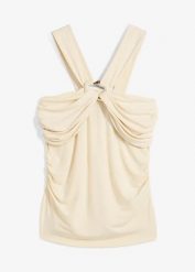 Top z dekoltem typu halter z ozdobną klamrą. Brązowe topy bonprix, bez wzorów, bez kołnierzyka, bez ramiączek. Za 27.99 zł.