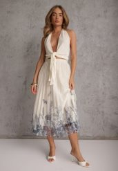 Jasnobeżowa Rozkloszowana Spódnica z Drobnymi Plisami i Kwiatowym Haftem Zephali. Brązowe spódnice Renee, bez wzorów, eleganckie, midi, dopasowane. Za 89.99 zł.