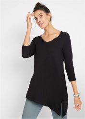 Długi T-shirt z mieszanki bawełny z wiskozą. Czarne t-shirty bonprix, bez wzorów, z bawełny, z asymetrycznym kołnierzem, bez ramiączek. Za 57.99 zł.