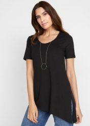 Asymetryczny długi T-shirt z mieszanki bawełny z wiskozą. Czarne t-shirty bonprix, bez wzorów, z bawełny, z asymetrycznym kołnierzem, bez ramiączek. Za 57.99 zł.