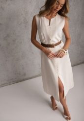 Beżowa Pudełkowa Sukienka z Wiskozą Bawełną Guzikami i Paskiem Magmaris. Brązowe sukienki Renee, do pracy, na lato, l, bez wzorów, z bawełny, biznesowe, bez kołnierzyka, bez ramiączek, midi. Za 139.99 zł.