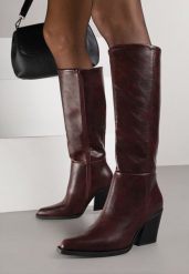 Bordowe Eleganckie Kozaki do Kolana na Stożkowym Obcasie z Noskiem w Szpic Seolina. Czerwone kozaki Born2be, bez obcasa, na obcasie, bez zapięcia. Za 159.99 zł.