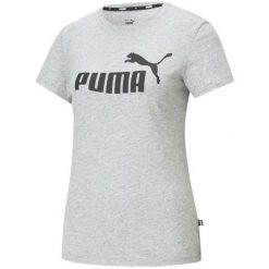 T-shirt Damski Logo ESS. Szare t-shirty Puma, bez wzorów, bez kołnierzyka, bez ramiączek. Za 120.99 zł.