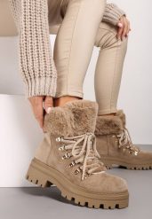 Ciemnobeżowe Traperki z Futerkiem na Grubej Podeszwie Tairene. Brązowe trapery i śniegowce Renee, z jeansu. Za 129.99 zł.