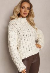Jasnobeżowy Sweterkowy Półgolf z Szydełkowanej Włóczki Klimvi. Brązowe swetry Renee, m, bez wzorów, bez ramiączek. Za 189.99 zł.