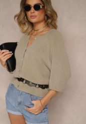 Beżowy Kardigan z Rękawem 3/4 z Dodatkiem Wełny Iffarisse. Brązowe kardigany Renee, bez wzorów, z jeansu. Za 129.99 zł.