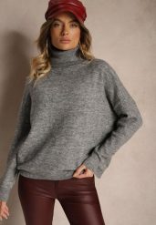 Szary Casualowy Golf z Wełną i Wiskozą Rinlia. Szare golfy Renee, z aplikacjami, z jeansu, bez ramiączek. Za 79.99 zł.