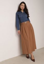 Brązowa Wiskozowa Spódnica o Rozkloszowanym Kroju z Rozcięciem i Paskiem Jaelia. Brązowe spódnice Born2be, do pracy, l, bez wzorów, z wiskozy, biznesowe, maxi, koszulowe. Za 129.99 zł.