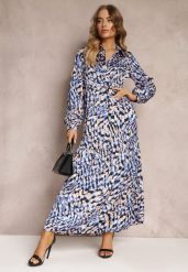 Granatowo-Niebieska Rozkloszowana Sukienka Koszulowa w Fantazyjny Print Alendia. Niebieskie sukienki Renee, l, bez wzorów, bez kołnierzyka, bez ramiączek, maxi, koszulowe. Za 129.99 zł.