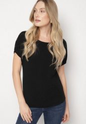Czarna Bluzka z Dzianiny Zdobiona Cyrkoniami Feninea. Czarne bluzki Born2be, l, z aplikacjami, z dzianiny, biznesowe, bez kołnierzyka, bez ramiączek. Za 49.99 zł.
