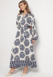 Niebieska Wiskozowa Sukienka Oversize w Etniczny Wzór z Wiązanym Paskiem Florseki. Niebieskie sukienki Born2be, na co dzień, m, bez wzorów, z wiskozy, eleganckie, bez kołnierzyka, bez ramiączek, maxi, oversize. Za 119.99 zł.