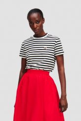 KARL LAGERFELD Czarno-biały t-shirt damski Ikon Stripe Boxy. Czarne t-shirty KARL LAGERFELD, s, bez wzorów, z materiału, bez kołnierzyka, bez ramiączek. W wyprzedaży za 289.99 zł.