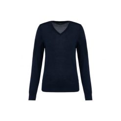Damski sweter z merynosów z dekoltem v-neck Kariban Premium. Niebieskie swetry KARIBAN, na zimę, bez wzorów, z wełny, bez ramiączek. W wyprzedaży za 268.00 zł.