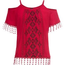 Bluzka z wycięciami i haftem bonprix pomarańczowo-czerwony + czarny. Brązowe bluzki bonprix, bez wzorów, bez kołnierzyka, bez ramiączek. Za 59.99 zł.