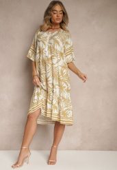 Beżowa Pudełkowa Sukienka Zdobiona Roślinnym Printem i Wiązaniem przy Dekolcie Miranissa. Brązowe sukienki Renee, na co dzień, l, z aplikacjami, z bawełny, eleganckie, bez kołnierzyka, bez ramiączek, midi, proste. Za 69.99 zł.