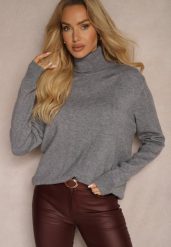 Szary Casualowy Golf z Dodatkiem Bawełny i Wiskozy Lerinae. Szare golfy Renee, l, bez wzorów, z bawełny, bez ramiączek. Za 59.99 zł.