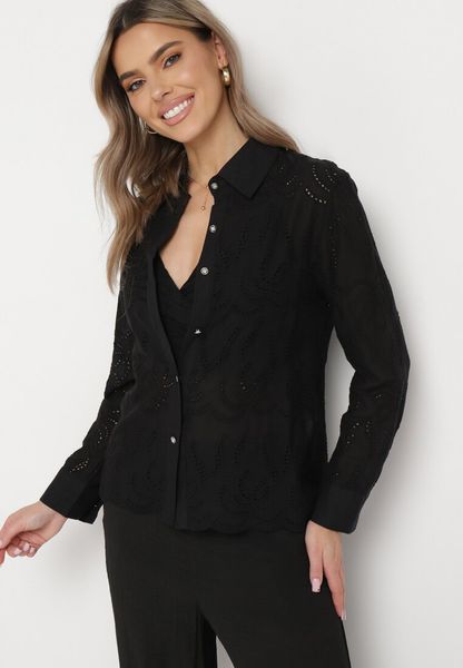 Czarna Bawełniana Koszula Ażurowa z Topem na Cienkich Ramiączkach Leassen. Czarne koszule Born2be, s, w ażurowe wzory, z bawełny, boho, bez kołnierzyka, bez ramiączek. Za 109.99 zł.