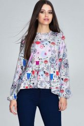 Wzorzysta Bluzka z Podwójną Falbanką - Wzór 73. Brązowe bluzki Figl, l, bez wzorów, z elastanu, bez kołnierzyka, bez ramiączek. Za 189.00 zł.