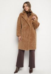 Brązowy Dwurzędowy Płaszcz Teddy o Fasonie Oversize Anerre. Brązowe płaszcze Born2be, l, bez wzorów, z dzianiny, bez kaptura. Za 299.99 zł.