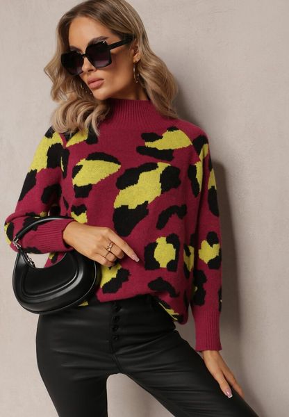 Bordowy Golf w Łaty z Gładkiej Dzianiny Plinero. Czerwone golfy Renee, m, bez wzorów, z dzianiny, bez ramiączek. Za 84.99 zł.