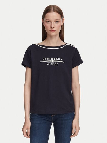 Guess T-Shirt W6YI58 K5317 Granatowy Regular Fit. Niebieskie t-shirty Guess, s, z aplikacjami, z bawełny, bez kołnierzyka, bez ramiączek. Za 222.99 zł.