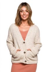 Krótki sweter rozpinany z wełną zapinany na guziki beżowy. Brązowe kardigany Polskie swetry, l, bez wzorów, z nylonu. Za 259.00 zł.