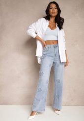 Niebieskie Szerokie Jeansy High Waist Zdobione Wzorem w Kwiaty Firedis. Niebieskie jeansy Renee, l, z aplikacjami, z podwyższonym stanem. Za 104.99 zł.