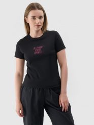 4F T-shirt slim z nadrukiem damski - czarny M. Czarne t-shirty 4f, m, bez wzorów, z dzianiny, bez kołnierzyka, bez ramiączek. Za 29.99 zł.