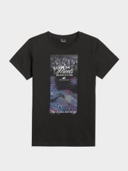 4F T-shirt regular z nadrukiem damski - czarny S. Czarne t-shirty 4f, s, bez wzorów, z bawełny, bez kołnierzyka, bez ramiączek. Za 69.99 zł.