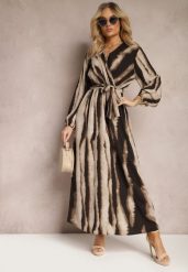 Brązowo-Czarna Rozkloszowana Sukienka Maxi z Kopertowym Dekoltem i Materiałowym Paskiem Efengia. Brązowe sukienki Renee, na spotkanie biznesowe, l, bez wzorów, z materiału, eleganckie, bez kołnierzyka, bez ramiączek, maxi, kopertowe. Za 109.99 zł.