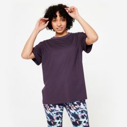 Koszulka damska Domyos Gym & Pilates 520 oversize. Białe bluzki DOMYOS, xl, bez wzorów, z bawełny, sportowe, bez kołnierzyka, bez ramiączek. Za 59.99 zł.