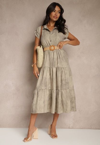 Beżowa Sukienka z Guzikami i Paskiem z Plecionki Fillona. Brązowe sukienki Renee, na co dzień, bez wzorów, klasyczne, bez kołnierzyka, bez ramiączek, midi, rozkloszowane. Za 159.99 zł.