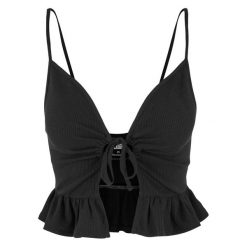 Top Damski / Damski Z Falbaną Waflową Pique. Czarne topy Urban Classics, xl, bez wzorów, bez kołnierzyka, bez ramiączek. Za 64.99 zł.