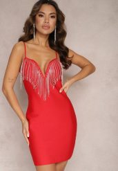 Czerwona Sukienka Mini na Ramiączkach z Frędzlami w Cyrkonie Latona. Czerwone sukienki Renee, s, z aplikacjami, bez kołnierzyka, bez ramiączek, mini. Za 79.99 zł.