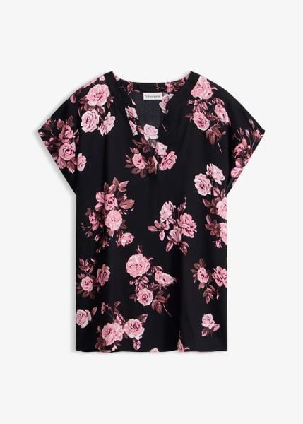 Tunika z wiskozy. Czarne tuniki bonprix, bez wzorów, z wiskozy, eleganckie, bez kołnierzyka, bez ramiączek. Za 82.99 zł.