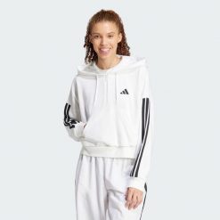 Bluza z kapturem Essentials 3-Stripes French Terry Quarter-Zip. Białe bluzy Adidas, xs, bez wzorów, z materiału, z kapturem. Za 259.00 zł.