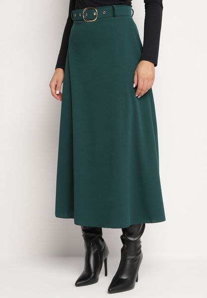 Ciemnozielona Rozkloszowana Spódnica z Wysokim Stanem Ozdobiona Paskiem z Klamrą Lobira. Zielone spódnice Born2be, na co dzień, uniwersalny, bez wzorów, eleganckie, maxi, koszulowe. Za 69.99 zł.