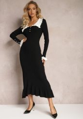 Czarna Sweterkowa Sukienka Midi z Wywiniętym Kołnierzem i Falbankami Totfara. Czarne sukienki Renee, m, bez wzorów, eleganckie, bez kołnierzyka, bez ramiączek, midi. Za 129.99 zł.