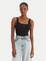 Calvin Klein Jeans Top Monologo Scoop Nk Rib LV047A804G Czarny Slim Fit. Czarne topy Calvin Klein Jeans, s, bez wzorów, z bawełny, bez kołnierzyka, bez ramiączek. Za 129.99 zł.