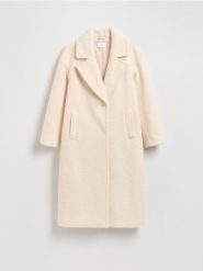 Płaszcz z tkaniny boucle - kremowy. Białe płaszcze Reserved, l, bez wzorów, z tkaniny, bez kaptura. Za 279.99 zł.
