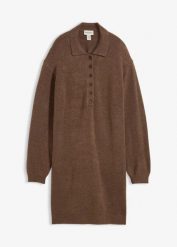 Sukienka dzianinowa z listwą guzikową. Brązowe sukienki bonprix, bez wzorów, z dzianiny, bez kołnierzyka, bez ramiączek. Za 124.99 zł.