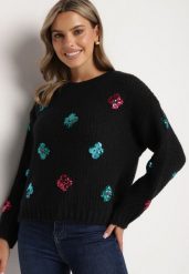 Czarny Sweter z Tłoczonej Dzianiny z Wiskozą Zdobiony Cekinowymi Kwiatami Edamara. Czarne swetry Born2be, l, z aplikacjami, z dzianiny, bez ramiączek. Za 89.99 zł.