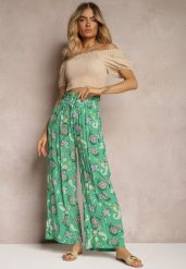 Zielone Bawełniane Spodnie Boho w Stylu Palazzo z Gumką w Pasie i Wysokim Stanem Pravia. Zielone spodnie materiałowe Renee, na co dzień, l, bez wzorów, z bawełny, z podwyższonym stanem. Za 44.99 zł.