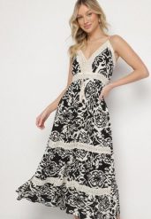 Czarna Bawełniana Sukienka Rozkloszowana w Etniczny Wzór z Koronką Taliosha. Czarne sukienki Born2be, na co dzień, l, z aplikacjami, z bawełny, eleganckie, bez kołnierzyka, bez ramiączek, midi, dopasowane. Za 64.99 zł.